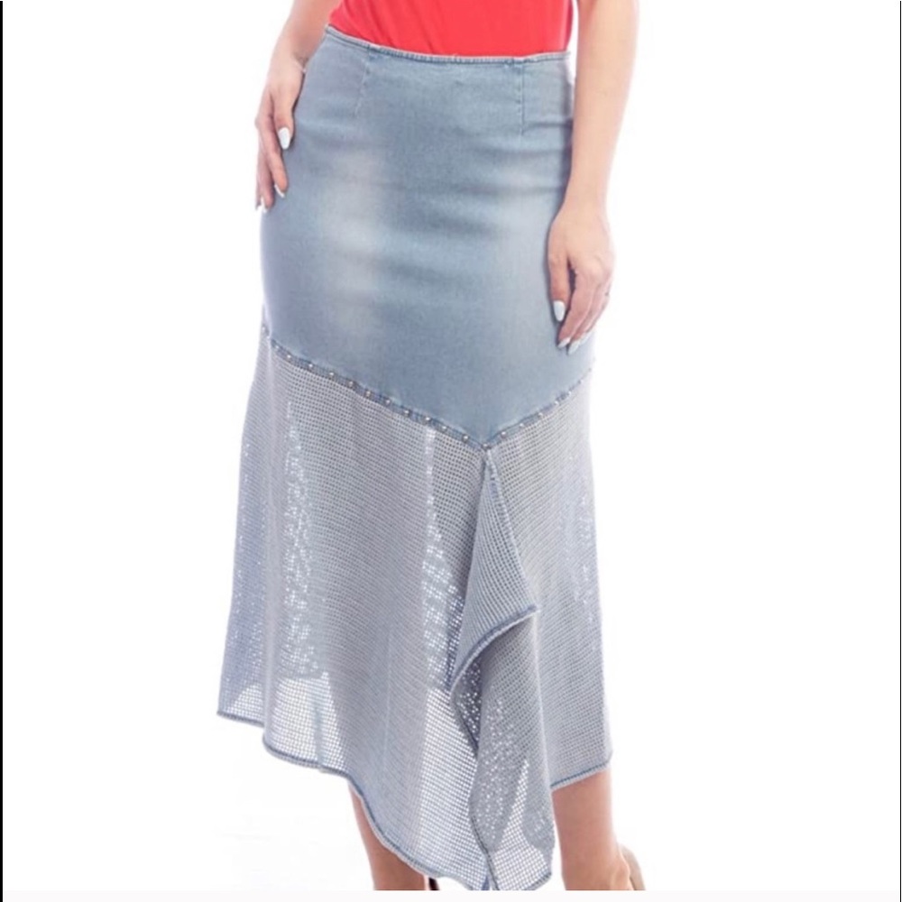 Lafei-Nier Denim & open knit asymmetrical skirt